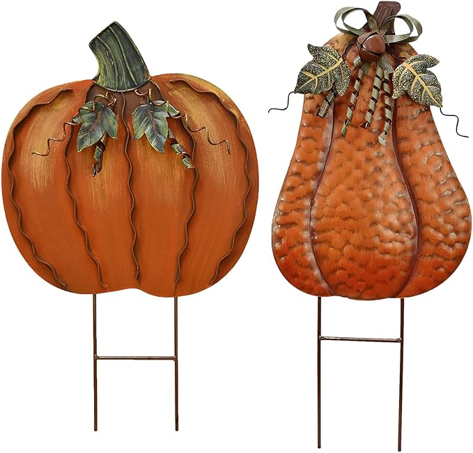 Morning View Pumpkin Garden Stakes Metal Yard Sign Fall Decor Outdoor Autumn Yard Stake Art Pumpkin Lawn Ornaments for Patio Porch Thanksgiving Halloween Harvest 17.5 Inches Tall Set of 2
