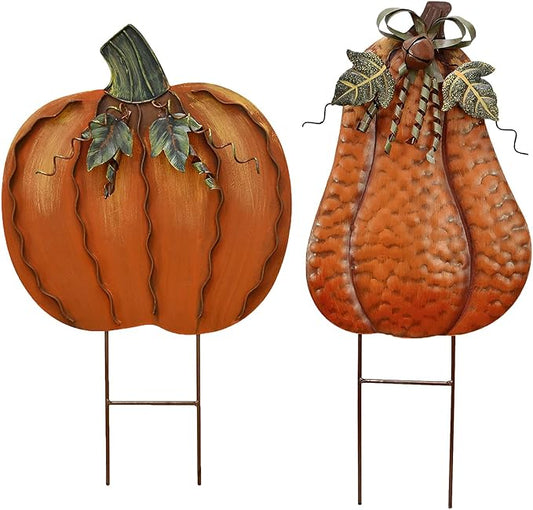 Morning View Pumpkin Garden Stakes Metal Yard Sign Fall Decor Outdoor Autumn Yard Stake Art Pumpkin Lawn Ornaments for Patio Porch Thanksgiving Halloween Harvest 17.5 Inches Tall Set of 2