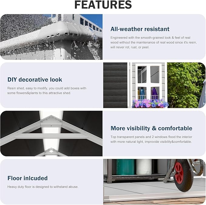 Restland 8x4 FT Resin Storage Shed with Floor & Adjustable Window Outdoor Weather-Resistant Plastic Sheds for Backyard, Garden, Lawn (Light Grey)