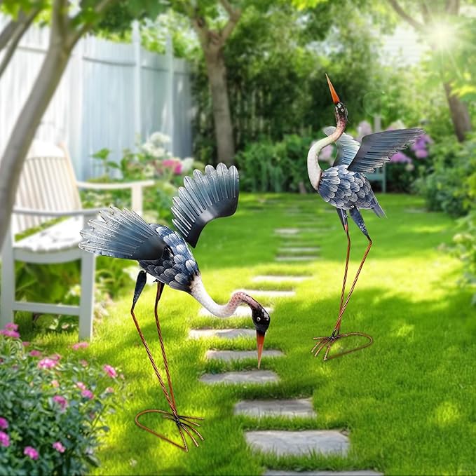 MUMTOP Crane Garden Statues for Outside, 2 Pack Blue Heron Garden Sculpture Statue, Large Bird Yard Art for Backyard Pond Patio Porch Decoration