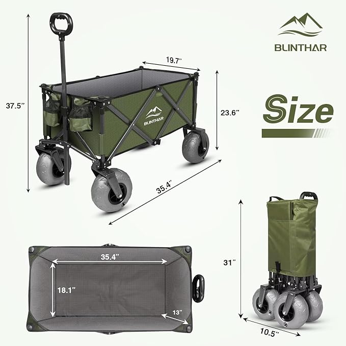 Beach Wagon with Big Wheels for Sand, Heavy Duty Collapsible Folding Wagon with All-Terrain 9" Pneumatic Tires & Drink Holders, Utility Wagon for Garden Sports Camping Outdoor Activities