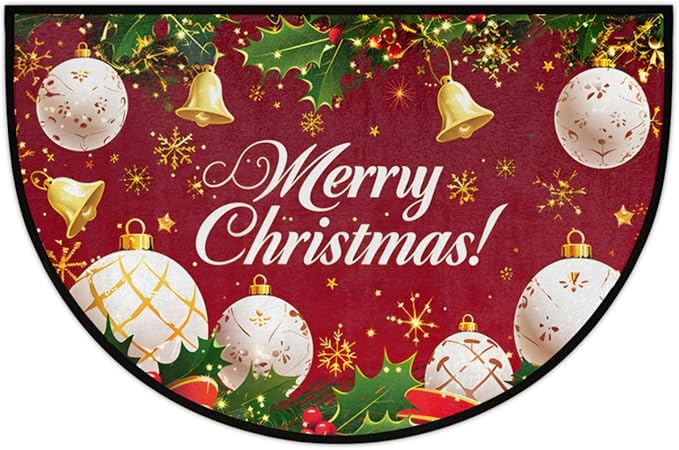 Christmas Half Round Door Mat, Christmas Bells Snowflakes Balls Semicircle Door Mats, Non Slip Area Rug Soft Doormat for Indoor Entrance Wear Resistant Welcome Mat for Garage Patio Home 24 x 36 In