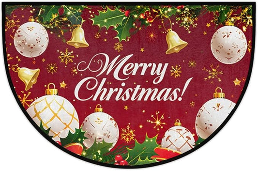 Christmas Half Round Door Mat, Christmas Bells Snowflakes Balls Semicircle Door Mats, Non Slip Area Rug Soft Doormat for Indoor Entrance Wear Resistant Welcome Mat for Garage Patio Home 24 x 36 In