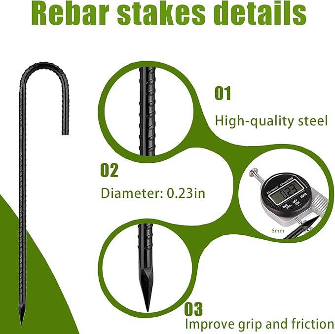 Rebar-Stakes-12Inch,J Hooks Ground Stakes Anchors for Gardening Black Coated Ground Stakes 20pcs Anti-Rust Heavy Duty Dog Fence Fixed Water Pipes Soccer Goals Tent Camping Trampoline