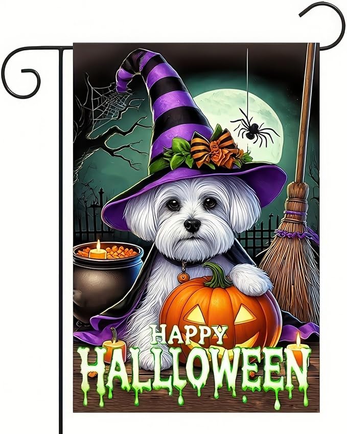 Happy Halloween Garden Flag Double Sided 12x18 Flag Dog Pumpkin Halloween Flag Cute Schnauzer Puppy Pumpkin Spider Design Outdoor Decoration Holiday Display Lawn Yard Banner