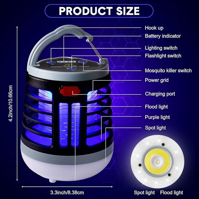 2 Pack 3 in 1 Bug Zapper USB Rechargeable Mosquito Killer Portable Waterproof Mosquito Repellent Outdoor Indoor LED Lantern Bug Zapper Camp Light SOS Emergency Light for Home, Backyard, Patio (Black)