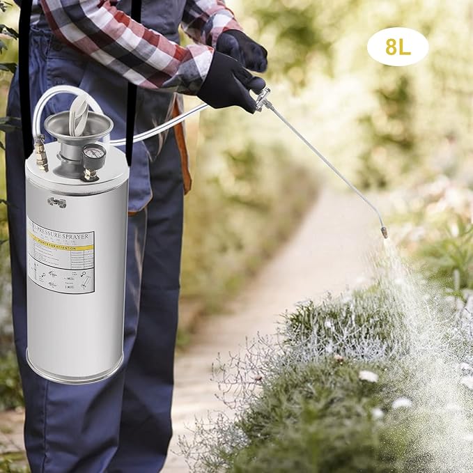 2Gal Stainless Steel Pump Up Sprayer,Heavy-Duty Stainless Steel Tank Multi-Use Sprayer,0.2-0.4MPA Hand Pump Sprayer,with 1.2m Hose, Adjustable Nozzle Suitable, Home & Garden, Silver