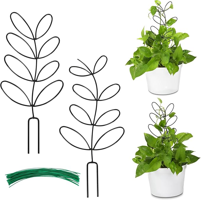 AUGSUN 2 Packs Indoor Plant Trellis Garden Trellis for Climbing Plants, 12 Inch Metal Leaf Shape Small Trelli for Potted Plants Plant Support for Houseplant with 50 Ties