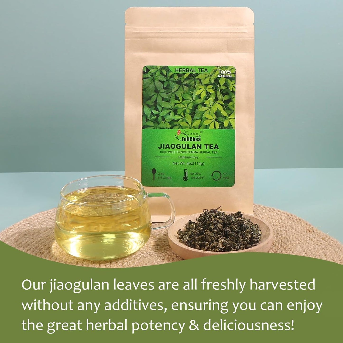 FullChea - Premium Gynostemma Tea Jiaogulan Loose Leaf Tea Herbal Tea - Non-GMO, Sulfur-free, Caffeine-free - Enhance Immunity - 4oz/114g