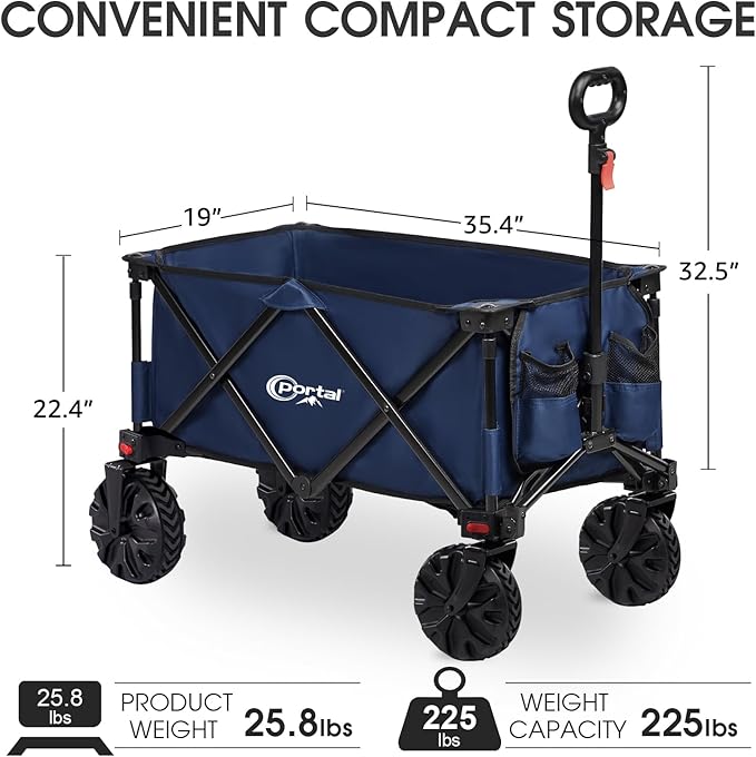 PORTAL Heavy-Duty Folding Wagon Cart, Large Collapsible Utility Wagon with All-Terrain Wheels for Beach, Camping, Garden & Grocery