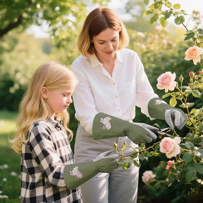 Kids Garden Gloves with Thorn Resistant, Embroidery Children Gardening Gloves with Extra Long Forearm Protection(6-8)