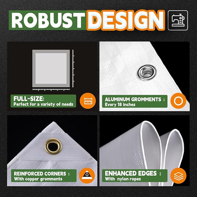 12 Mil Heavy Duty White Tarps 7' X 10', Extra Thick,Durable,Waterproof, UV Resistant, Weatherproof Poly Tarp,with Metal Grommets and Reinforced Edge (Finished Size)-by Raindeway