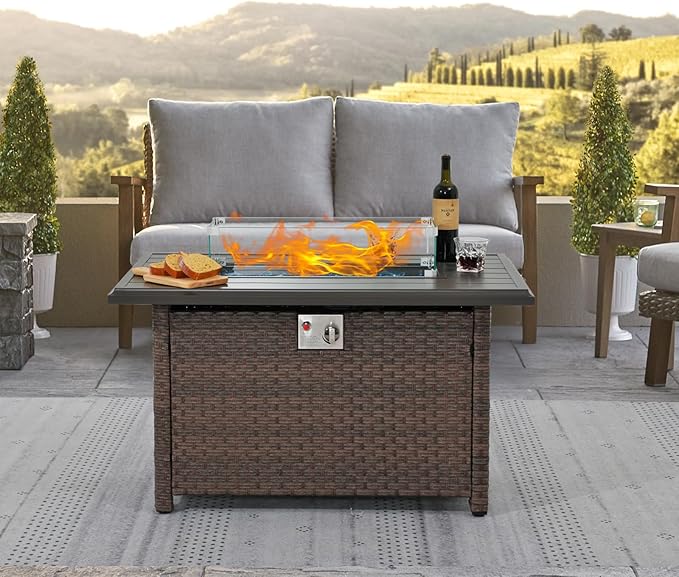 SUNSITT Outdoor Fire Pit Table 43 Inch Wicker Propane Fire Pit with Aluminum Tabletop 50,000 BTU Gas Firepit with Glass Wind Guard, Fire Glass, Lid, Cover, Brown Rattan
