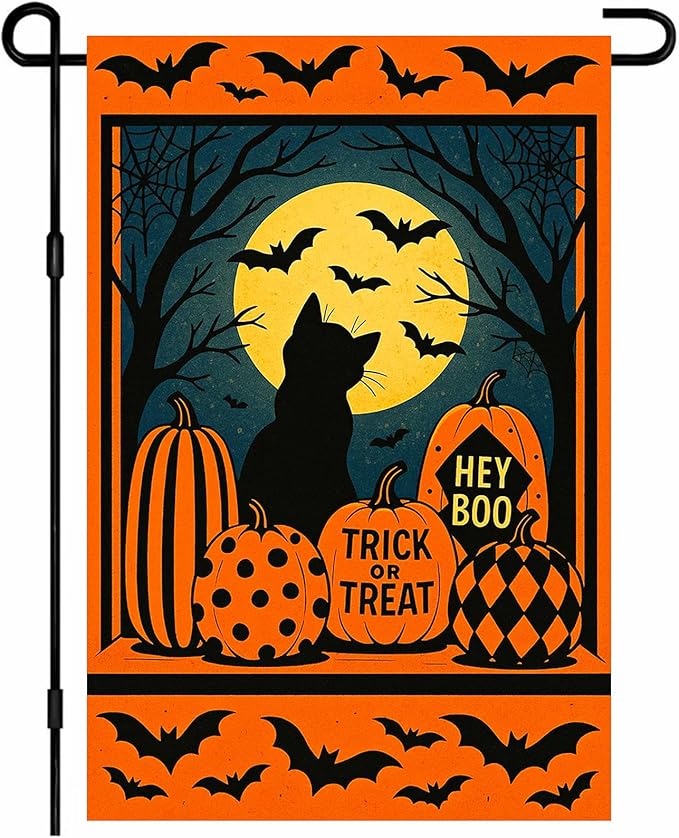 IVN Spooky Halloween Garden Flag 12x18 Inch Double Sided Black Cat Witch Pumpkin Jack O’ Lantern Trick or Treat Outdoor Fall Yard Flag for Outside Home Front Door Lawn Porch Patio Welcome Decor