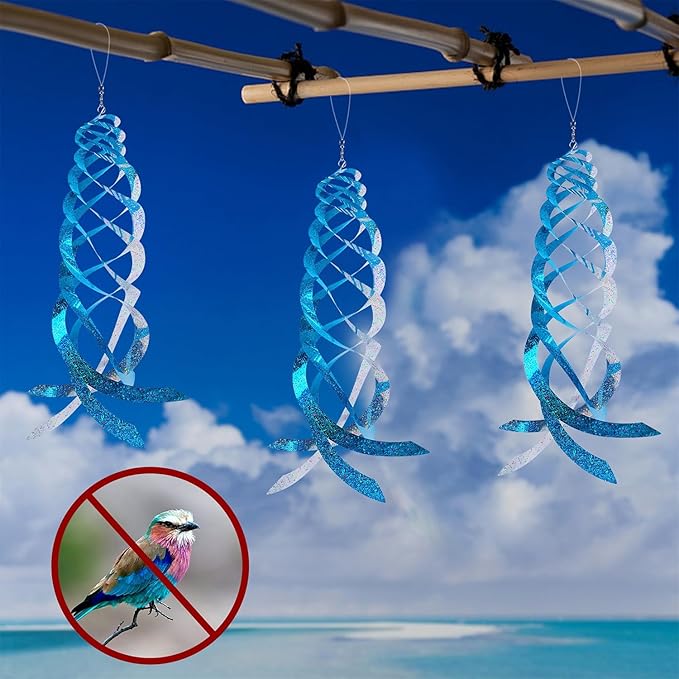 Hausse Bird Repellent Spiral Reflectors Blue Mylar Spinner, Hanging Reflective Bird Deterrent Device, Garden Decorative Scare Birds Away, Like Woodpeckers, Pigeons and Geese, 6 Pack