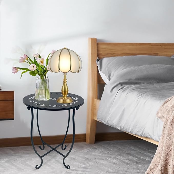 Metal Round Side Table, 2 Pack 14 Inch Bedside Table for Living Room, Weather Resistant Black Metal Outdoor Side Table for Patio Balcony Yard Porch Garden, Plant Stand for Indoor Outdoor Use