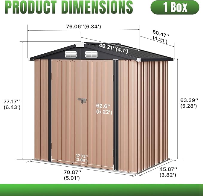 Aoxun 6'x4' Outdoor Metal Storage Shed with Lockable Door- Ideal for Tools, Garden Equipment & Bikes, Perfect for Patio Placement(Base Included/Brown)
