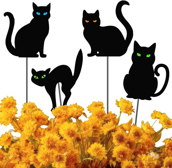 Chunful 4 Pcs Halloween Decorative Garden Stakes Black Cat Garden Stakes for Flower Planter Pot Outdoor Metal Yard Sign Black Cat Decorations Halloween Patio Lawn Decor