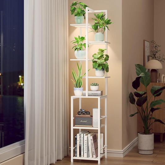 Plant Stand Indoor with Grow Light, 7-Tiered Tall Plant Stand Indoor, Metal Plant Shelf with Bookshelf Bookcase and Adjustable Light, Ideal for Living Room, Reading room, Garden, Patio (white)