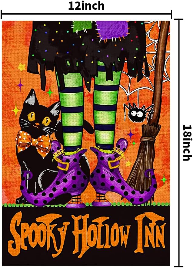 Halloween Black Cat Garden Flags for Outside 12x18 Inch Double Sided Burlap, Spooky Hollow Inn Welcome Sign Small Flag Farmhouse Holiday Yard Lawn Outdoor Decorations DF874