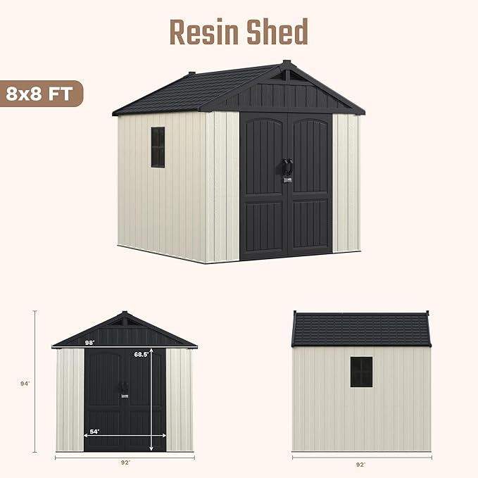 Devoko 8 x 8 FT Plastic Storage Shed with Floor, Outdoor Resin Tool Shed with Lockable Door & Sloping Roof, Patio Kick-it Shed for Garden, Backyard, Lawn, Beige