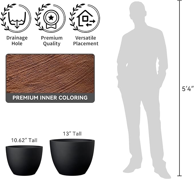 Kante 14.2 Inch Round Concrete Planter - Classic Large Indoor/Outdoor Plant Pot with Drainage Hole and Rubber Plug, Suitable for Gardens and Patios, Black Finish with Warm Brown Interior