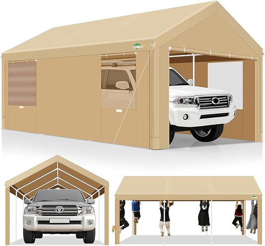 COBIZI Carport 10x20ft Heavy Duty Portable Garage, 2.0 Powder Coated Frame(Better Than Galvanized), Waterproof Shelter with Removable Sidewalls & Windows, Built-in Sandbags, for Car/Boat/SUV, Khaki