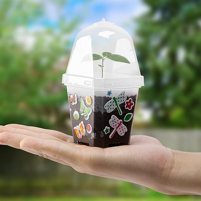 EBaokuup 10 Pcs Clear Plant Nursery Pots with Humidity Dome-3" Reusable Plastic Gardening Pot with Printed Labels-Small Seed Starting Pots for Seedlings,Vegetables,Succulents,Cuttings