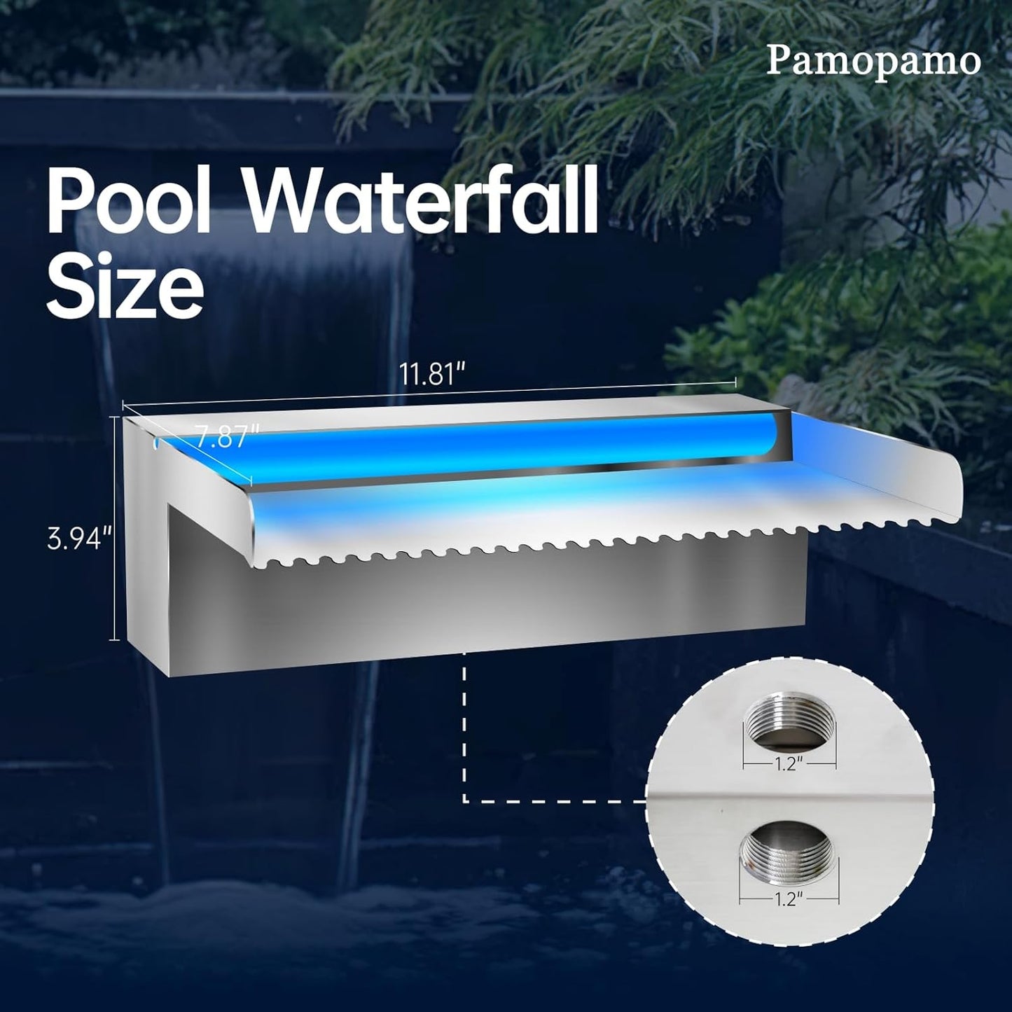 Pool Waterfall Spillway Stainless Steel Koi Pond Fountain, APP Control LED Lighted Waterfalls Kit, Outdoor Water Flow Fountains for Garden Swimming Pool Decoration-11.8"x7.8"x3.9"