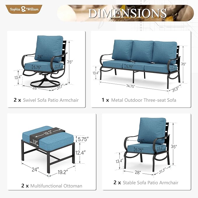 Sophia & William Patio Furniture Sets for 7 Outdoor Conversation Set 7 Pcs with 2 x Swivel Sofa Chairs, 2 x Armrest Chairs, 1 x 3-Seat Sofa, 2 x Ottomans for Coffee Garden Backyard Poolside Navy