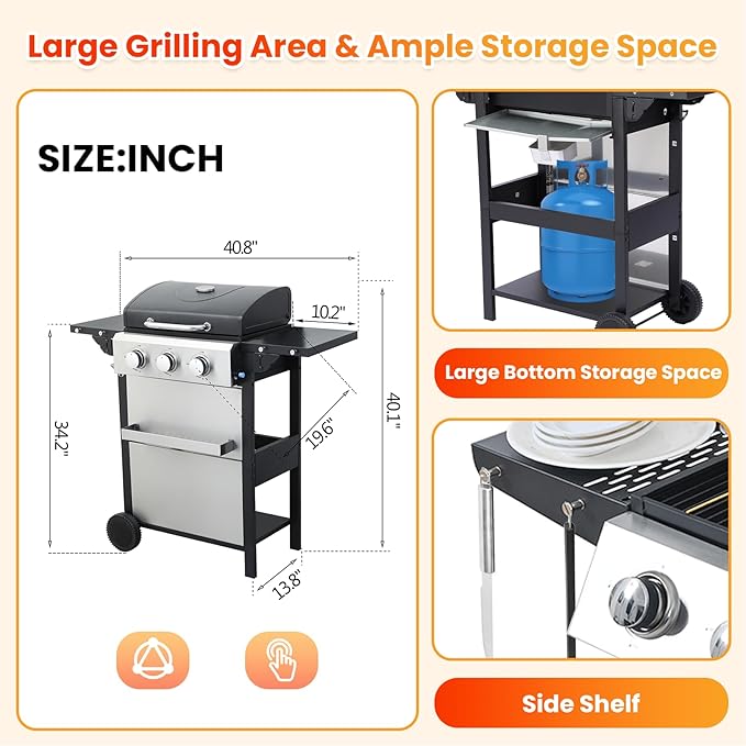 3-Burner Propane Gas BBQ Grill with Porcelain-Enameled Cast Iron Grates and 2 Foldable Side Table, 25,650 BTU Stainless Steel Grill for Outdoor Camping Barbecue Grilling Backyard Cooking - Silver