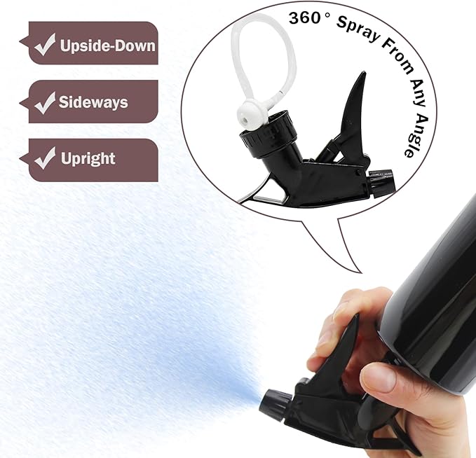 OFFIDIX 360° Water Spray Bottle 2 Pack 16 oz Continuous Plastic Empty Spray Bottles Mister for Hair,Cleaning,Plants,Upside Down,Fine Mist and Stream Setting,Black