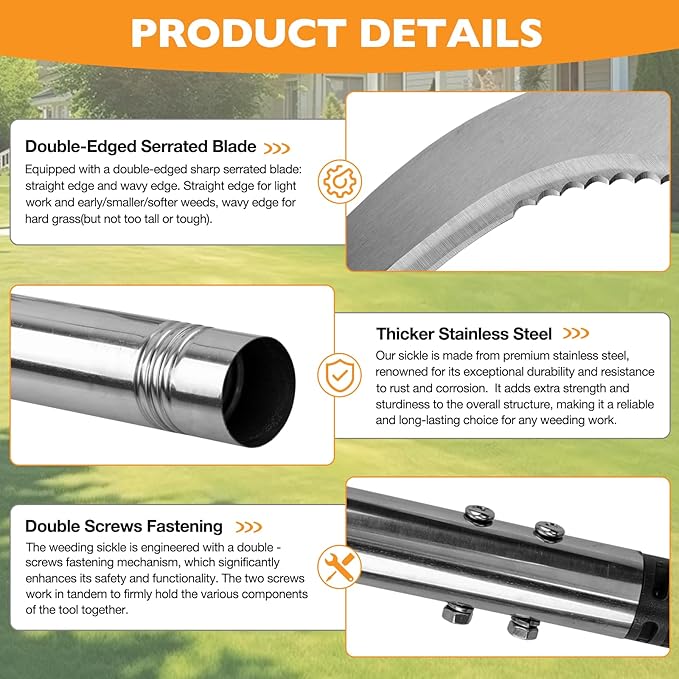 Sickle Garden Tool Set, Long Handle Weeding Sickle with Serrated Double-Edged Blade, Grass Sickle Stand Up Weeding Tool with 2 Pack Leaf Scoops, 16 Gallon Lawn Bag with Gardening Gloves for Yard