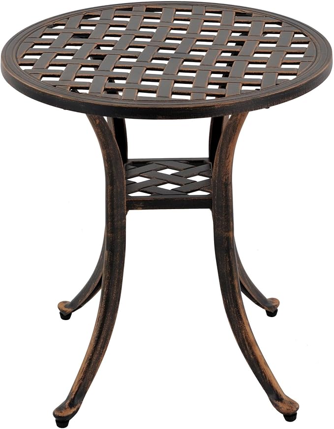 Outdoor 19" Cast Aluminum Round Side Table End Table for Patio, Backyard, Pool, Indoor Companion, Easy Maintenance and Weather Resistant, Bronze