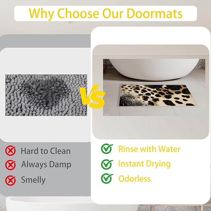 Front Door Mat,Brown Leopard Doormat Outside Entrance,Non-Slip Gold Glitter Entryway Rug for Porch Patio, Felt Low Profile Welcome Mat Indoor for Hallways, 30 x 17 Inch