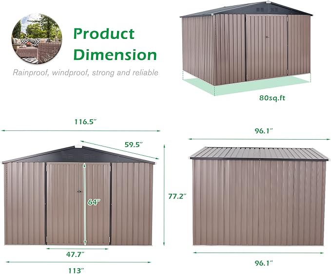 AECOJOY Shed 8' x 10' Outdoor Storage Metal Shed, Steel Yard Shed with Design of Lockable Doors, Utility and Tool Storage for Garden, Backyard, Patio, Outside use