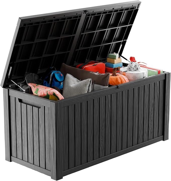 180 Gallon Large Deck Box,Resin Outdoor Storage Box with Lockable for Patio Furniture, Pool Accessories, Garden Tools Waterproof Outside Storage Box, Black