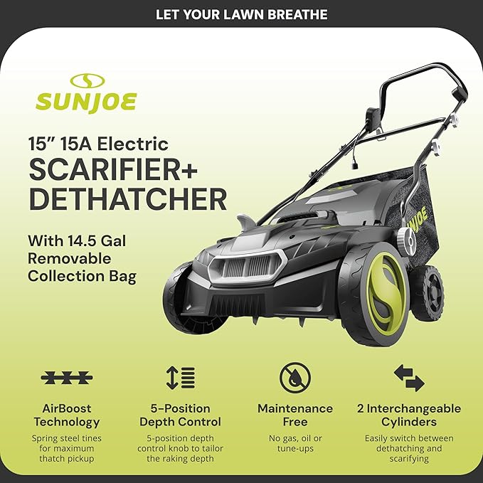 Sun Joe Electric Lawn Dethatcher & Scarifier w/ 13.2-Gal Bag, 15 Amp, 15 Inch, Black/Green - Heavy-Duty Corded Gardening Machine and Equipment for Lawn, Yard, and Grass, AJ808E