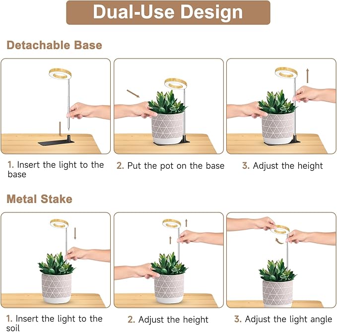 Kullinss Grow Light, 48 LEDs Full Spectrum Plant Lights for Indoor Growing with Base, Wood Grain Small Plant Growing Lamp with 6/12/16H Timer, 3 Color Modes, 5 Brightness, 6.5"-26" Height Adjustable
