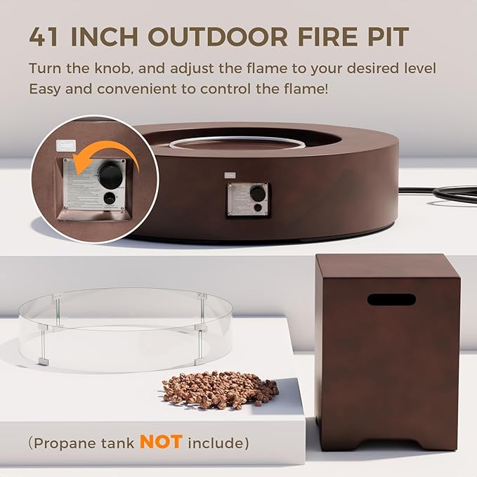 SUNBURY Outdoor Propane Fire Pit,CSA Certified,Dark Brown Patio Fire Table 50000 BTU w 20 Gallon Tank Cover, Glass Wind Guard, Waterproof Cover