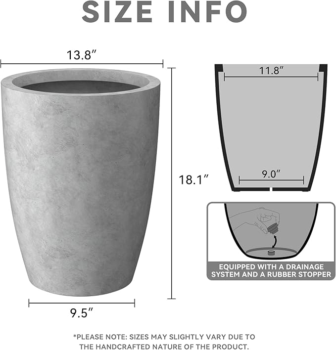 Kante 18.1" H Tall Round Concrete Planter for Outdoor Indoor, Modern Decorative Plant Pots with Drainage Hole & Rubber Plug for Home & Garden Natural Concrete