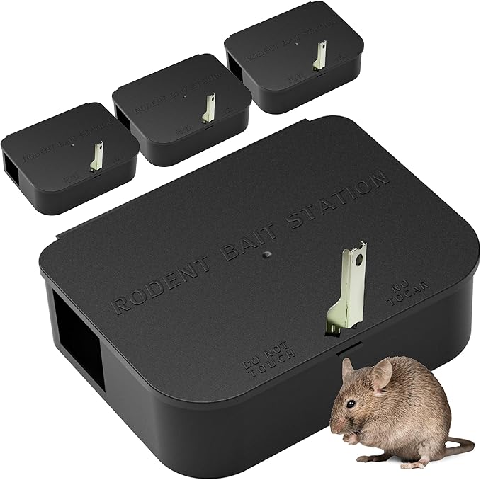 Rat Station Box with 1 Key, Complete Rodent Solution Keeps Rats Away, Pet & Child-Safe, Lock & Key Available, Reusable & Long-Lasting, Indoor & Outdoor, 4 Pack