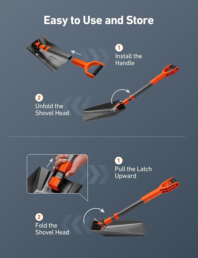 AstroAI 38.4" Folding Snow Shovel for Car, Extendable Snow Shovel with Thickened Aluminum Handle and Reinforced Iron Hinge, Portable and Multifunctional for Driveway, Cars, Camping and Mud, Grey