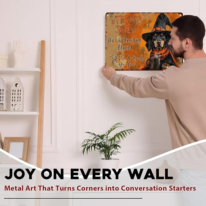 Funny Dog Halloween Metal Tin Sign Dachshund Witch Coffee Rustic Wall Art Vintage Tin Plaque Retro Metal Poster Iron Painting Home Decor 12x16inch