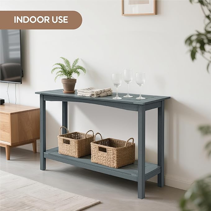 Weatherproof HIPS Outdoor Console Table, 48'' 2-Shelf SideTable Indoor/Outdoor Use, Multifunctional Buffet Table Bar Storage Organizer for Entryway,Yard, Patio, Outside Plant Stand Table, Grey