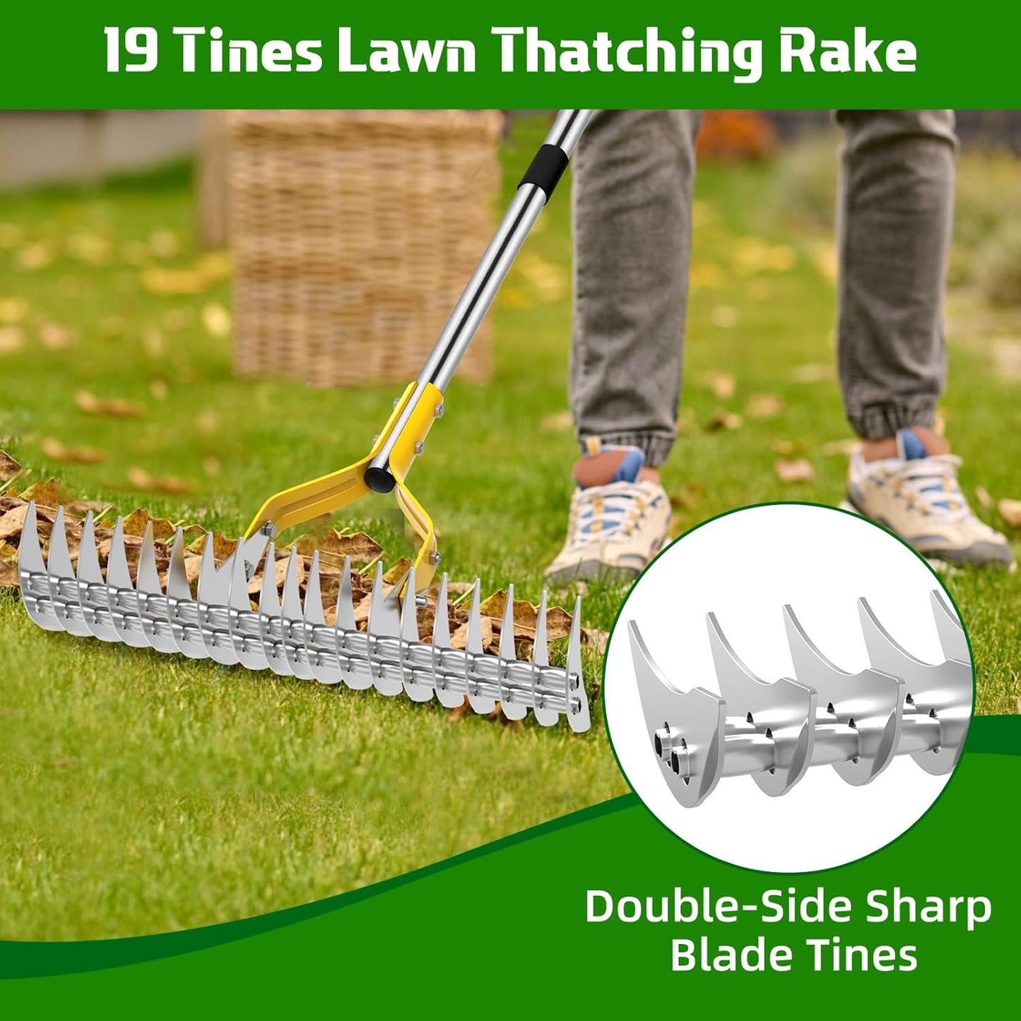 Thatch Rake, 15 Inch Wide Lawn Thatching Rakes for Cleaning Dead Grass, Efficient Metal Steel Lawn Dethatcher with Sponge Handle, Lawn loosening Soil Grass Rake (Silver)