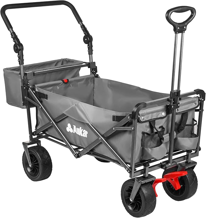 Collapsible Canopy Wagon - Heavy Duty Utility Outdoor Foldable Garden Cart - with Adjustable Push Pulling Handles,Big Wheels for Sand, for Shopping, Picnic, Camping, Sports - Grey