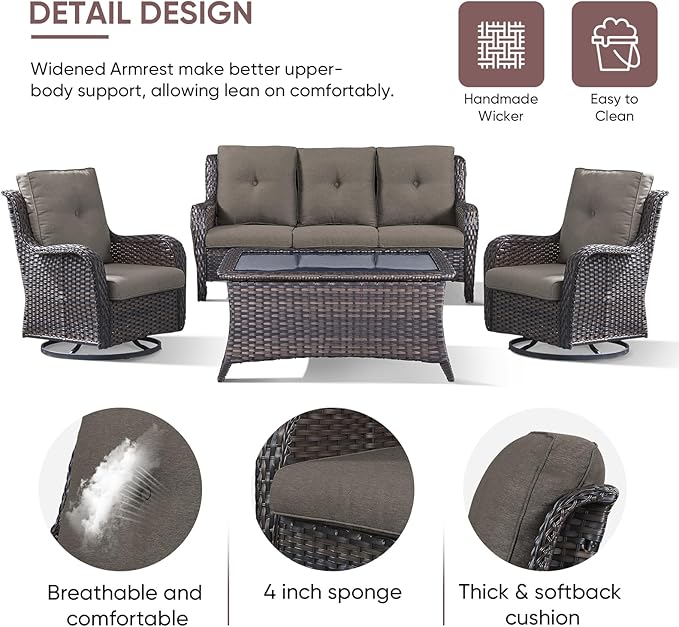 Patio Furniture 4 Piece, All-Weather PE Wicker Outdoor Furniture Set with Coffee Table,Outdoor Patio Furniture with Swivel Rocker Chairs and Outdoor Sofa