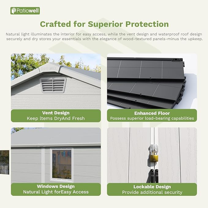 Patiowell 6 x 10 FT Plastic Outdoor Storage Shed with Floor, Resin Outside Tool Shed with Two Windows and Lockable Door for Garden, Backyard, Tool Storage Use, Easy to Install, Light Grey