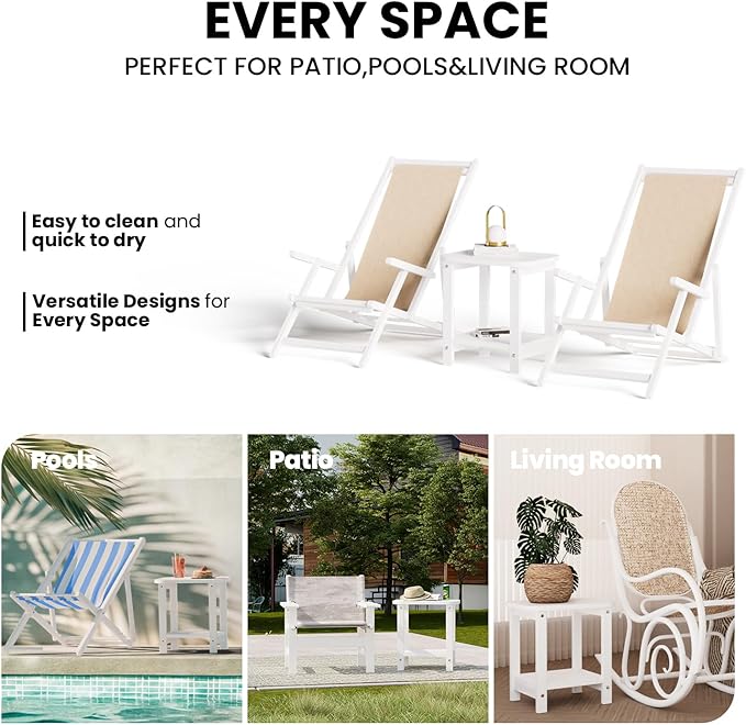 2-Tier Outdoor Side Table, 16" Adirondack Small Side Table All Weather Resistant, Patio End for Outside or Indoor, Patio, Yard, Pool, Porch, Garden, White